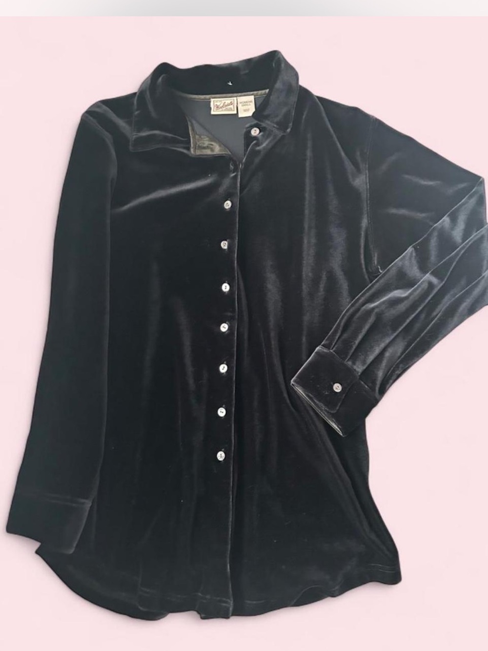 Vintage 90s Woolrich Black velvet button-up blouse with satin cuffs
